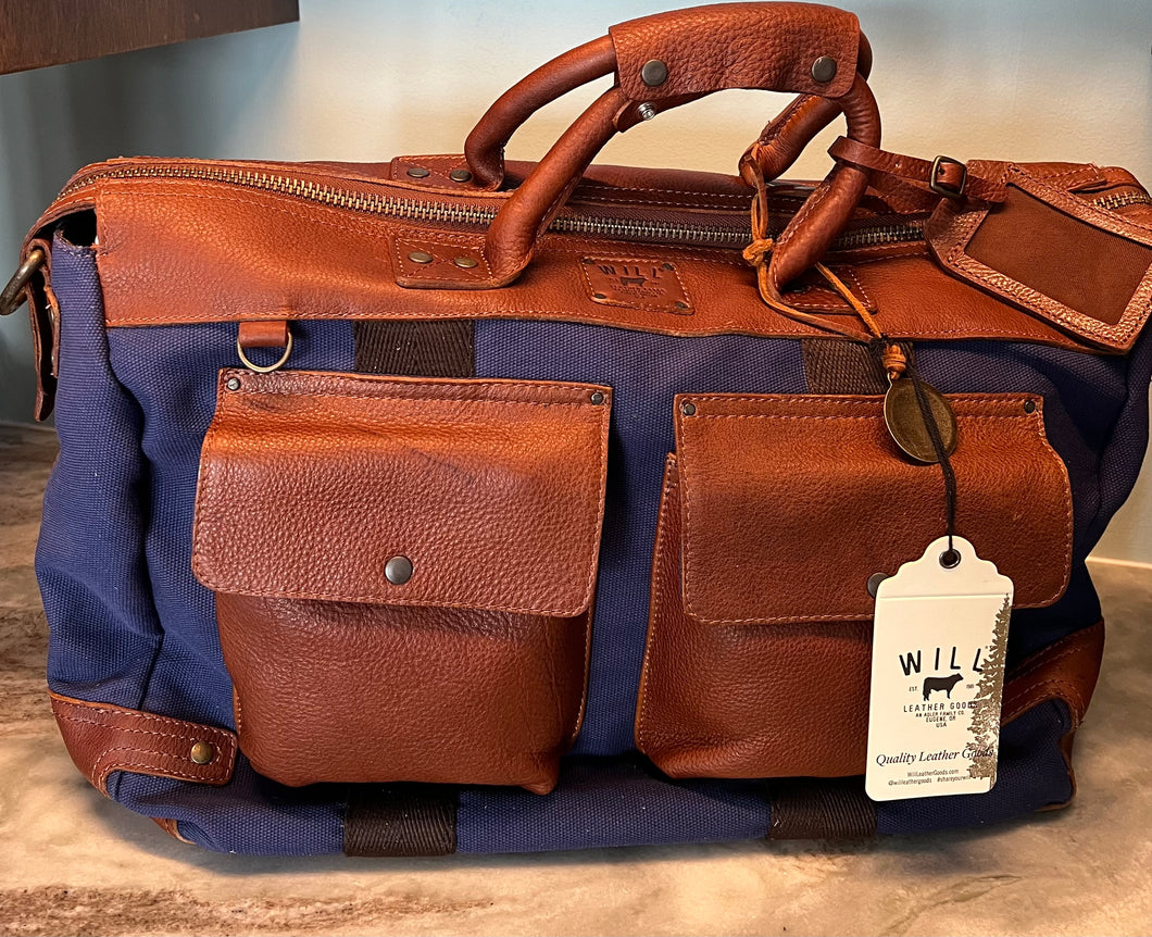 canvas leather travel duffle navy/cognac